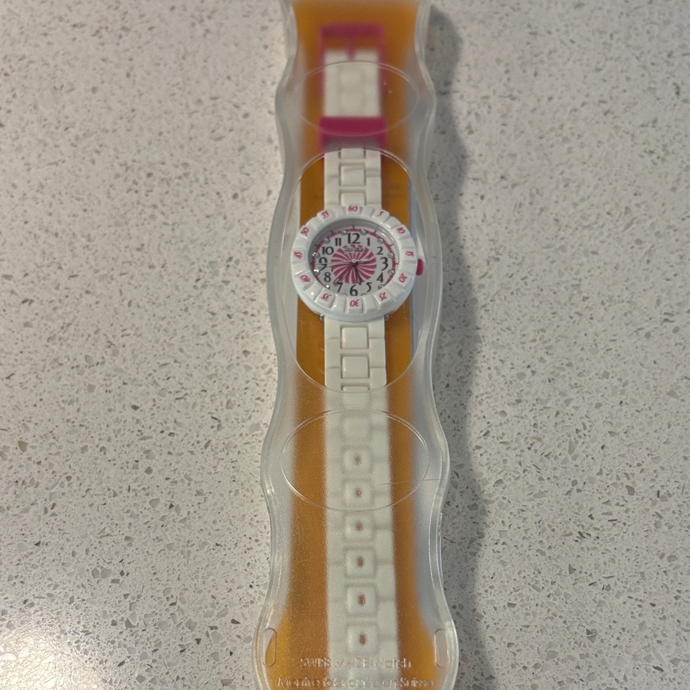 Swatch White and Pink Timepiece Flik Flak